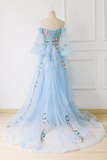 Chic A line Off the shoulder Light Blue Prom Dress With Floral Prom Dresses Long Evening Dress HZ0509