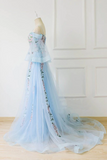 Chic A line Off the shoulder Light Blue Prom Dress With Floral Prom Dresses Long Evening Dress HZ0509