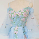 Chic A line Off the shoulder Light Blue Prom Dress With Floral Prom Dresses Long Evening Dress HZ0509