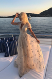 A line V neck Champagne Prom Dresses With Sleeve Formal Gown Evening Dresses HZ0509