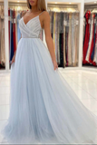 Light Blue Tulle A line V neck Backless Long Prom Dresses, Evening Gown HZ0509