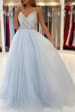 Light Blue Tulle A line V neck Backless Long Prom Dresses, Evening Gown HZ0509