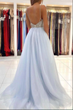 Light Blue Tulle A line V neck Backless Long Prom Dresses, Evening Gown HZ0509