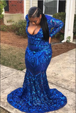 Trendy Royal Blue V neck Long Sleeve Mermaid Plus Size Sequined Prom Dress HZ0509
