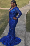 Trendy Royal Blue V neck Long Sleeve Mermaid Plus Size Sequined Prom Dress HZ0509