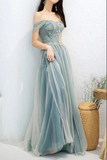 Dusty Blue Tulle Beaded Off the Shoulder Long Prom Dresses, Formal Dress HZ0509