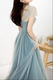 Dusty Blue Tulle Beaded Off the Shoulder Long Prom Dresses, Formal Dress HZ0509