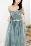Dusty Blue Tulle Beaded Off the Shoulder Long Prom Dresses, Formal Dress HZ0509