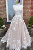 Chic A line V neck Sleeveless Prom Dress Tulle Applique Wedding Dress HZ0509
