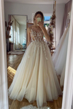 Chic A line Spaghetti Straps Floor length Long Prom Dresses Tulle Applique Evening Dress HZ0509