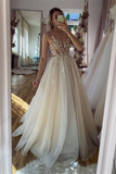 Chic A line Spaghetti Straps Floor length Long Prom Dresses Tulle Applique Evening Dress HZ0509