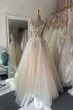 Chic A line Spaghetti Straps Floor length Long Prom Dresses Tulle Applique Evening Dress HZ0509