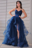 Navy Blue Tulle A line V neck Prom Dress With Ruffles, Long Formal Dresses HZ0509