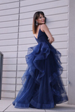 Navy Blue Tulle A line V neck Prom Dress With Ruffles, Long Formal Dresses HZ0509
