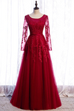 Chic A line Bateau Burgundy Lace Prom Dress Long Sleeve Tulle Evening Dresses HZ0509
