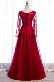 Chic A line Bateau Burgundy Lace Prom Dress Long Sleeve Tulle Evening Dresses HZ0509