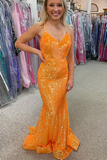 Sparkle Orange Sequin Mermaid Long Prom Formal Dress HZ0509