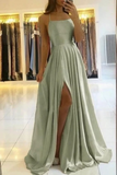 Simple Dusty Sage Satin Spaghetti Straps Long Prom Dresses, Evening Gown HZ0509