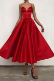 Simple V Neck Satin Burgundy Tea Length Prom Evening Dresses HZ0509