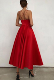 Simple V Neck Satin Burgundy Tea Length Prom Evening Dresses HZ0509