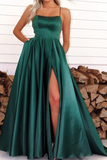 Chic A line Spaghetti Straps Dark Green Scoop Prom Dress Satin Evening Split Dress HZ0509