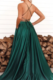 Chic A line Spaghetti Straps Dark Green Scoop Prom Dress Satin Evening Split Dress HZ0509