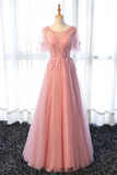 Chic A line Scoop Long Pink Tulle Prom Dress Applique Evening Party Dresses HZ0509
