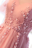 Chic A line Scoop Long Pink Tulle Prom Dress Applique Evening Party Dresses HZ0509