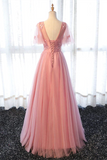 Chic A line Scoop Long Pink Tulle Prom Dress Applique Evening Party Dresses HZ0509