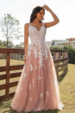 Chic A line Spaghetti Straps V neck Tulle Long Lace Prom Dress Applique Evening Dress HZ0509