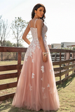 Chic A line Spaghetti Straps V neck Tulle Long Lace Prom Dress Applique Evening Dress HZ0509