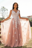 Chic A line Spaghetti Straps V neck Tulle Long Lace Prom Dress Applique Evening Dress HZ0509
