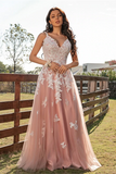 Chic A line Spaghetti Straps V neck Tulle Long Lace Prom Dress Applique Evening Dress HZ0509
