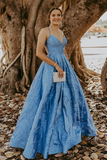 Vintage Ball Gown V Neck Straps Blue Prom Dresses with Pockets HZ0509
