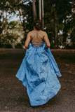Vintage Ball Gown V Neck Straps Blue Prom Dresses with Pockets HZ0509