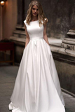 Vintage A line Princess Ivory Satin Long Wedding Dresses with Pockets HZ0509