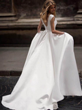 Vintage A line Princess Ivory Satin Long Wedding Dresses with Pockets HZ0509