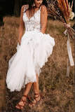 Elegant White Backless A line Unlined Lace Bodice V neck Wedding Dress HZ0509