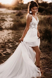 Elegant White Backless A line Unlined Lace Bodice V neck Wedding Dress HZ0509