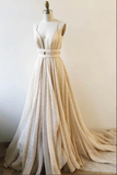 Lace A line Deep V neck Backless Court Train Prom Dresses With Sash HZ0509