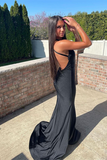 Trumpet Mermaid V neck Black Long Simple Prom Dress Satin Evening Dress HZ0509