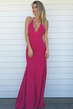 Sexy Mermaid V Neck Backless Fuchsia Prom Dresses HZ0509