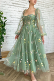 Light Green Embroidered Tulle Dress Evening Dress Puffy Long Sleeve Prom Dress HZ0509