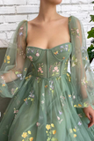 Light Green Embroidered Tulle Dress Evening Dress Puffy Long Sleeve Prom Dress HZ0509