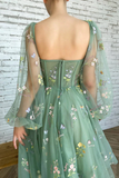 Light Green Embroidered Tulle Dress Evening Dress Puffy Long Sleeve Prom Dress HZ0509