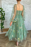Light Green Embroidered Tulle Dress Evening Dress Puffy Long Sleeve Prom Dress HZ0509