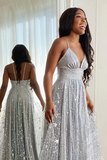 Silver Tulle Spaghetti Straps V Neck Long Prom Dress With Slit, Evening Gown HZ0509