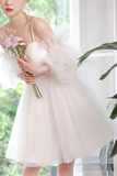 A line Spaghetti Straps Tulle Homecoming Dress Off the shoulder Short Prom Dress HZ0509