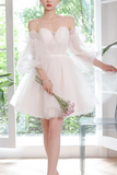 A line Spaghetti Straps Tulle Homecoming Dress Off the shoulder Short Prom Dress HZ0509