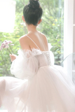 A line Spaghetti Straps Tulle Homecoming Dress Off the shoulder Short Prom Dress HZ0509